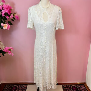Vtg 70s/80 Dawn Joy Fashions Lace Sweetheart Key Hole Corset Tie Back Dress Sz M